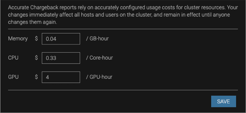 Screenshot of the form for changing the cost values for physical memory, CPU, and when applicable, GPU for the Chargeback report