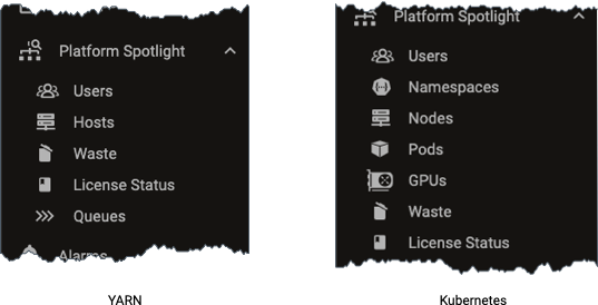 Screenshots of YARN and Kubernetes Platform Spotlight Overview options