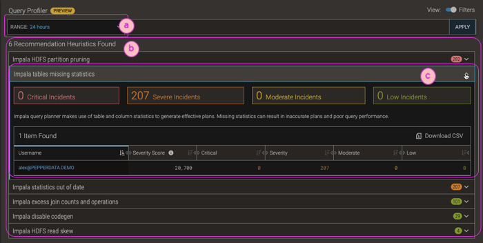 Screenshot of Query Profiler report with callouts of its features