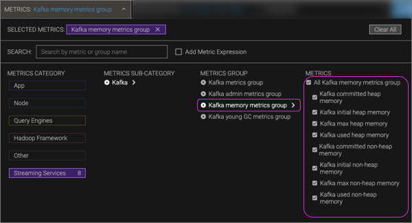 Screenshot of Kafka memory metrics group in the metrics picker