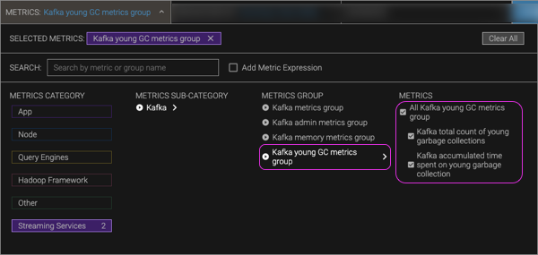 Screenshot of Kafka young GC group in the metrics picker
