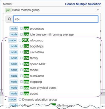 Screenshot of cpu info metrics group in the metrics search results