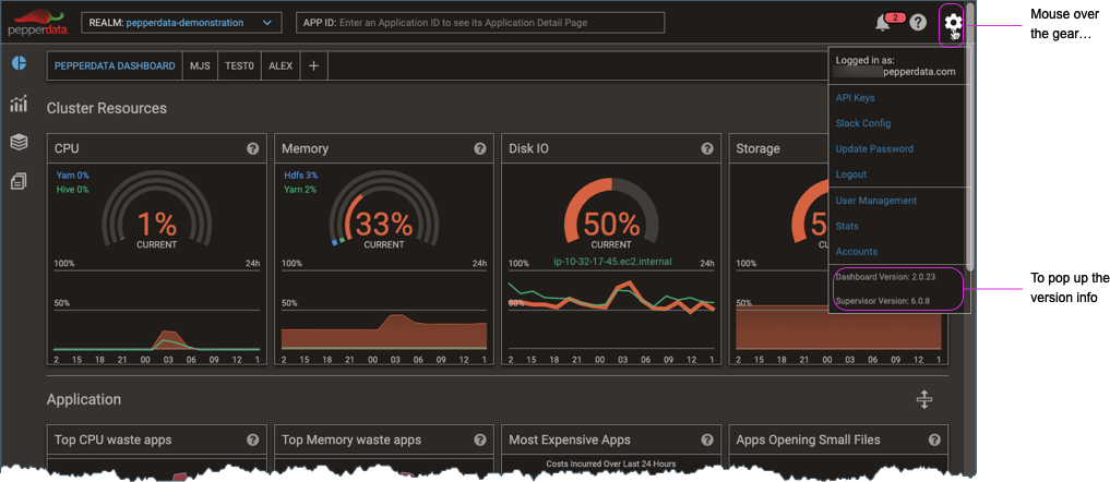 Screenshot of the popup that shows Dashboard and Pepperdata Supervisor version info