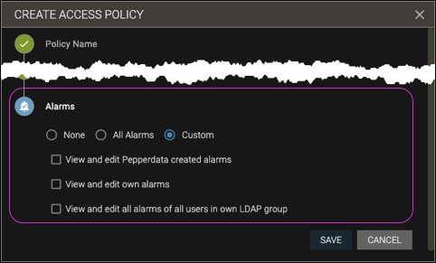 Screenshot of the Alarms section in the RBAC Create New Policy wizard